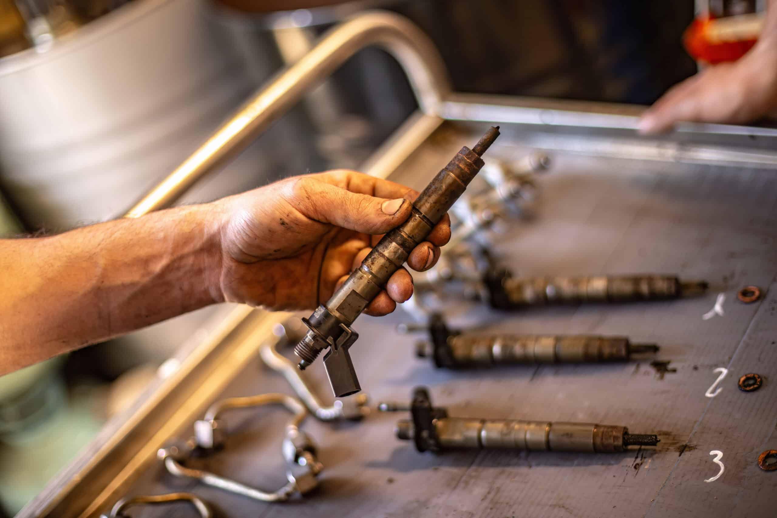Diesel injector specialist repairing a fuel injector